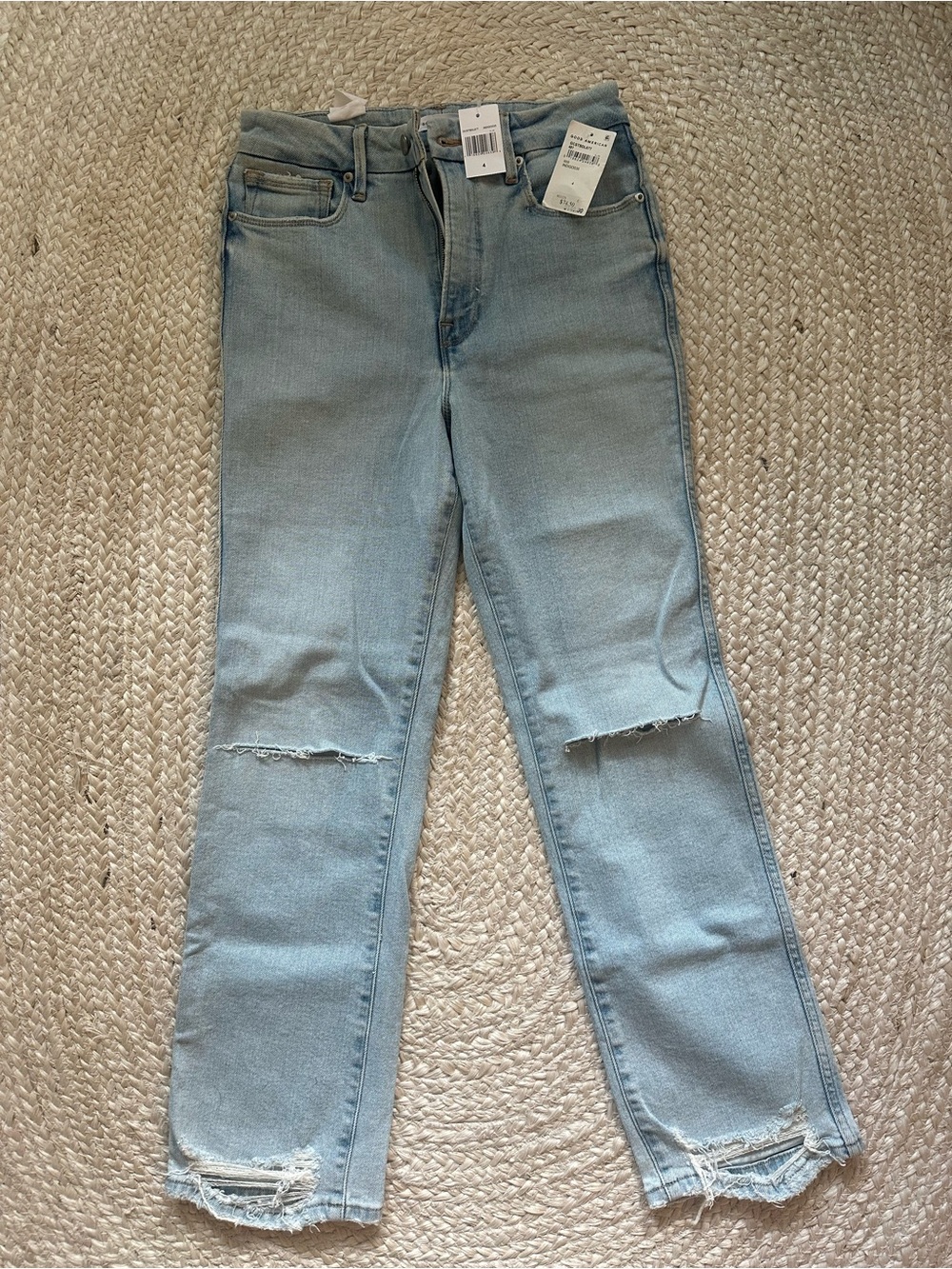 Good American Light Blue Straight Leg Jeans with Knee Rips